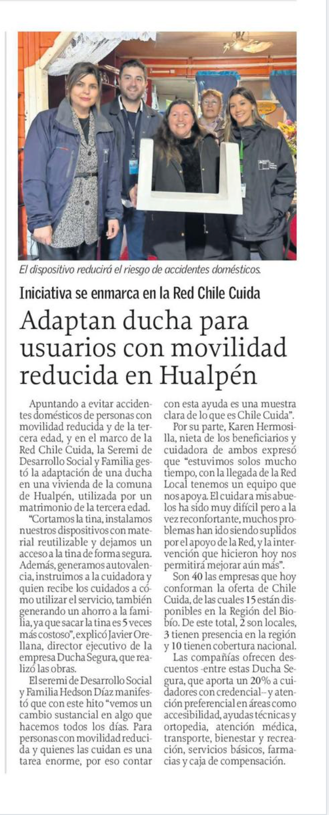 Diario El Sur: Ducha Segura® adapta tinas para prevenir caídas en adultos mayores