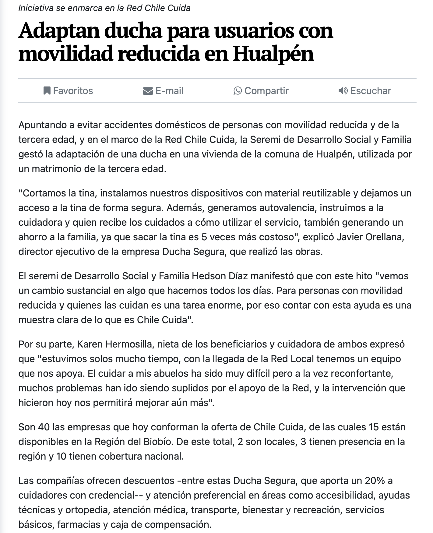 Nota del Diario El Sur sobre Ducha Segura®